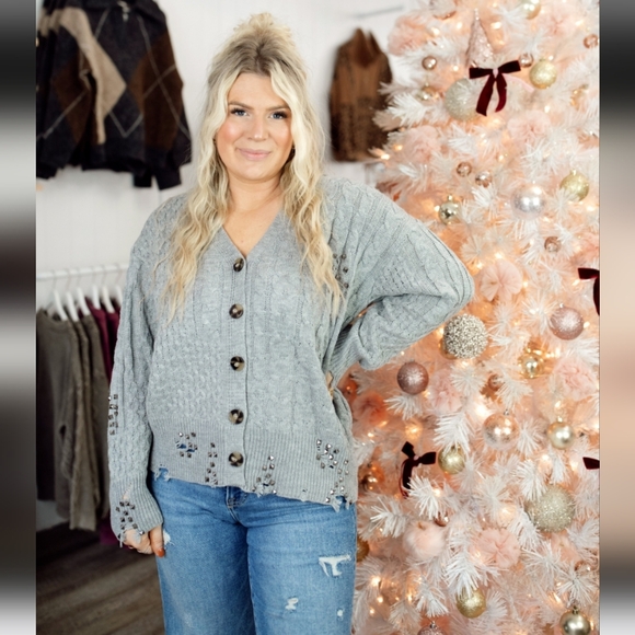 NWT HYFVE "Sterling Cardigan" Button-Up Sweater w/Studs✨️Distressing Gray🩶Large - Picture 2 of 15